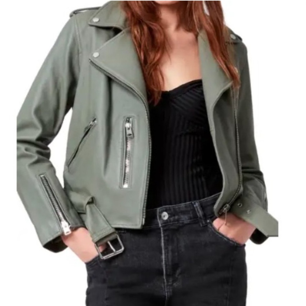 All saints Belford leather jacket sage green 2